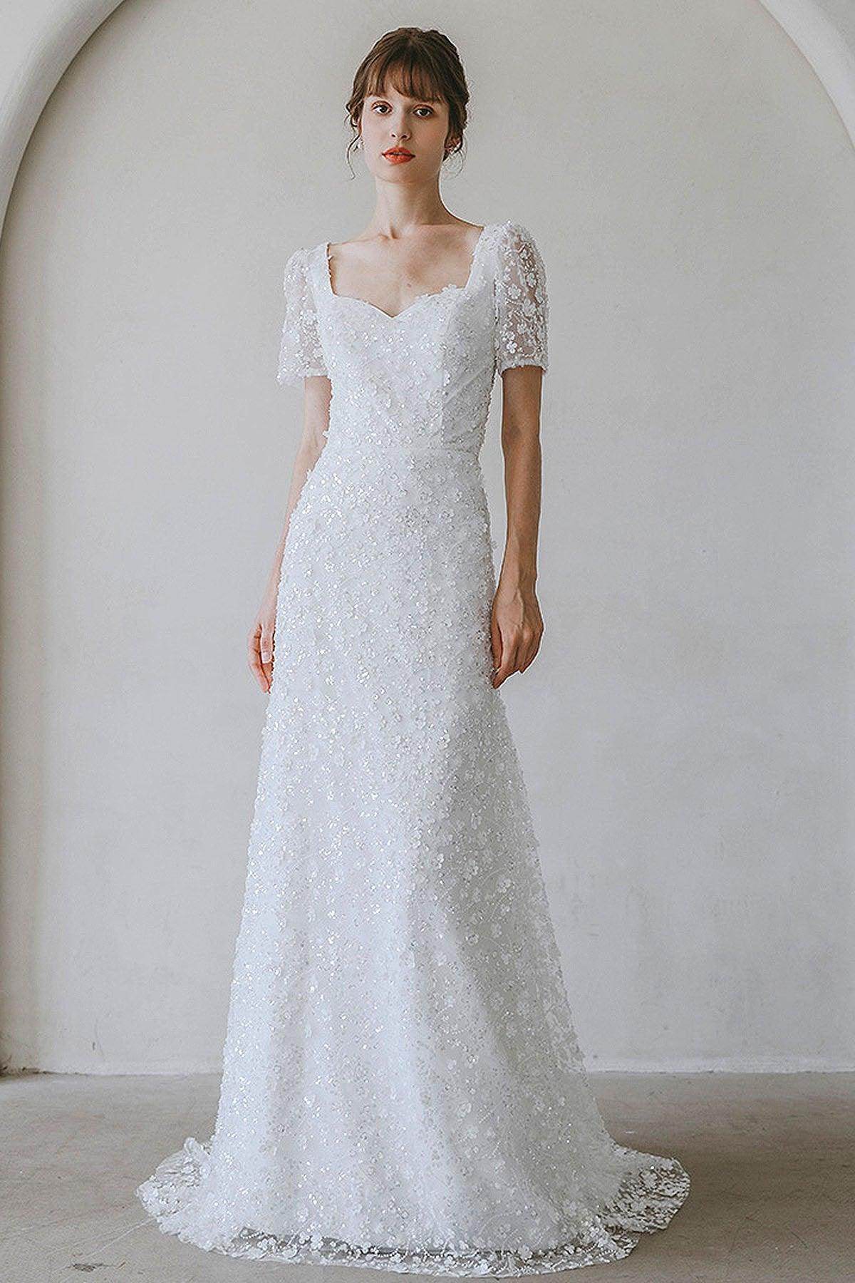 Sheath-Column Sweep-Brush Train Lace Wedding Dress CW3057 - COCOMELODY